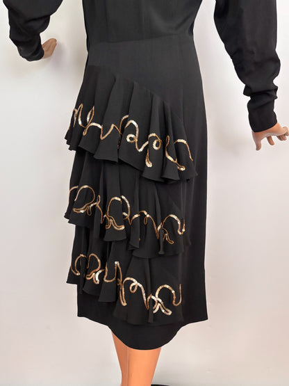 XS/S |1940s Symphony Black Crepe Dress With Gold Sequin Embroidery