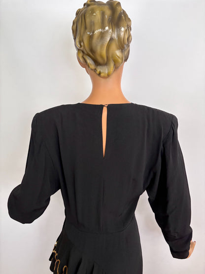 XS/S |1940s Symphony Black Crepe Dress With Gold Sequin Embroidery