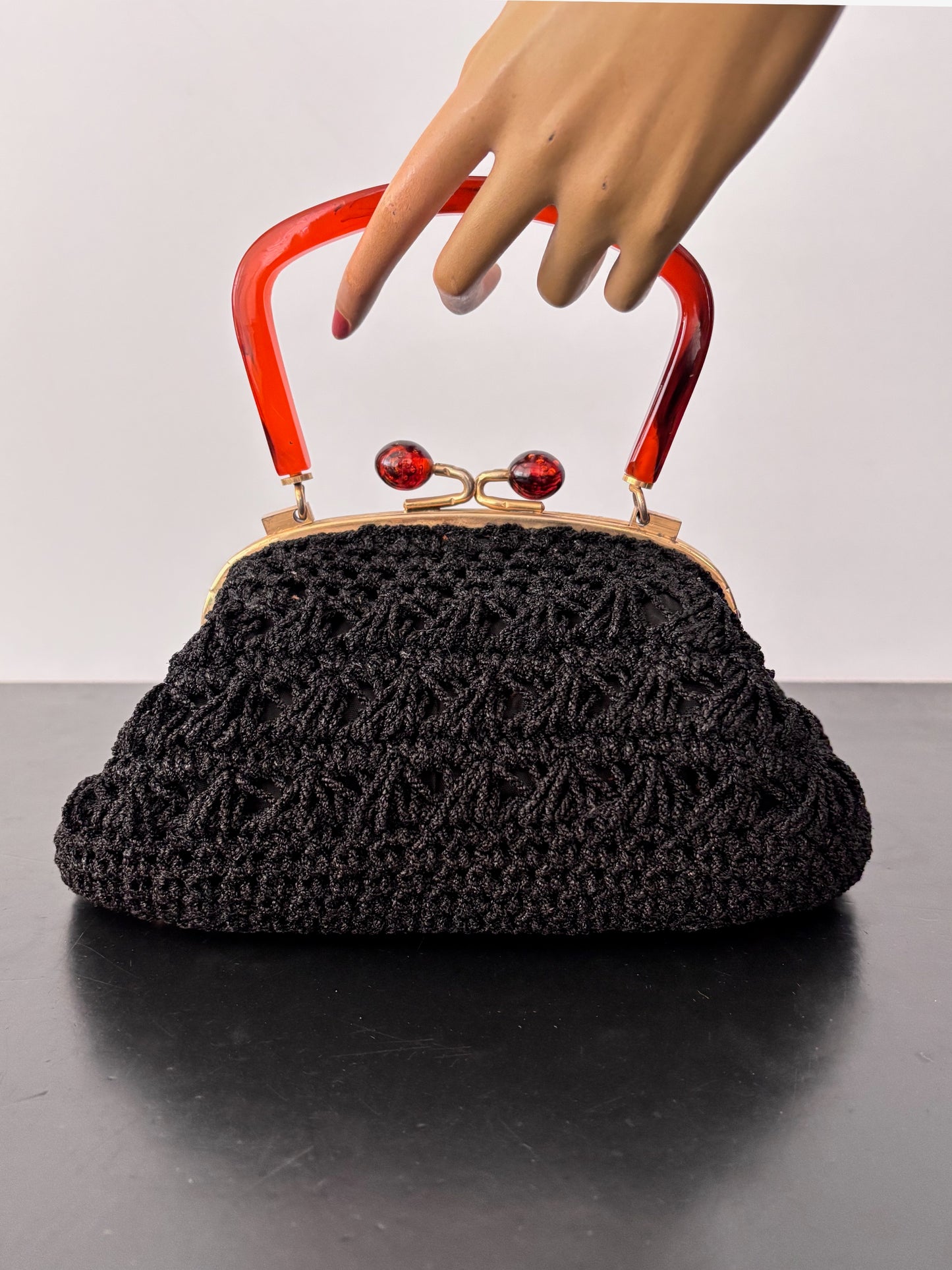 1950s Black Crocheted Handbag with Marbled Lucite Handle