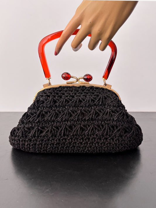 1950s Black Crocheted Handbag with Marbled Lucite Handle