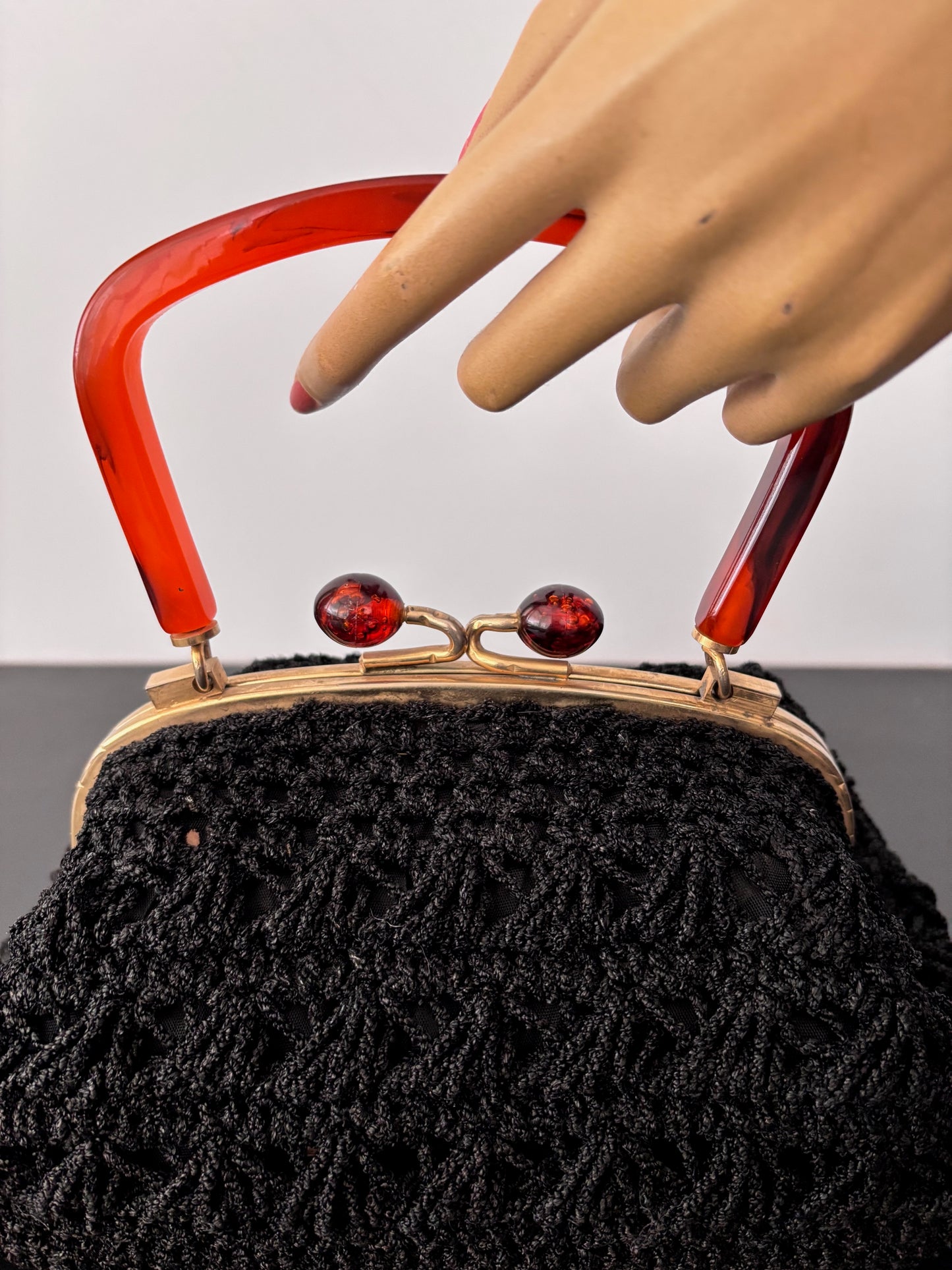 1950s Black Crocheted Handbag with Marbled Lucite Handle