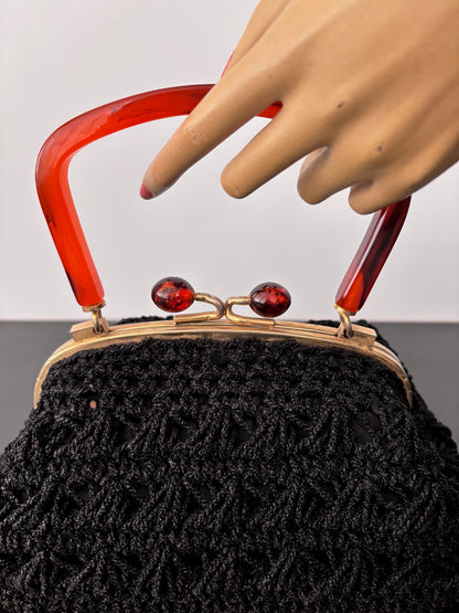 1950s Black Crocheted Handbag with Marbled Lucite Handle