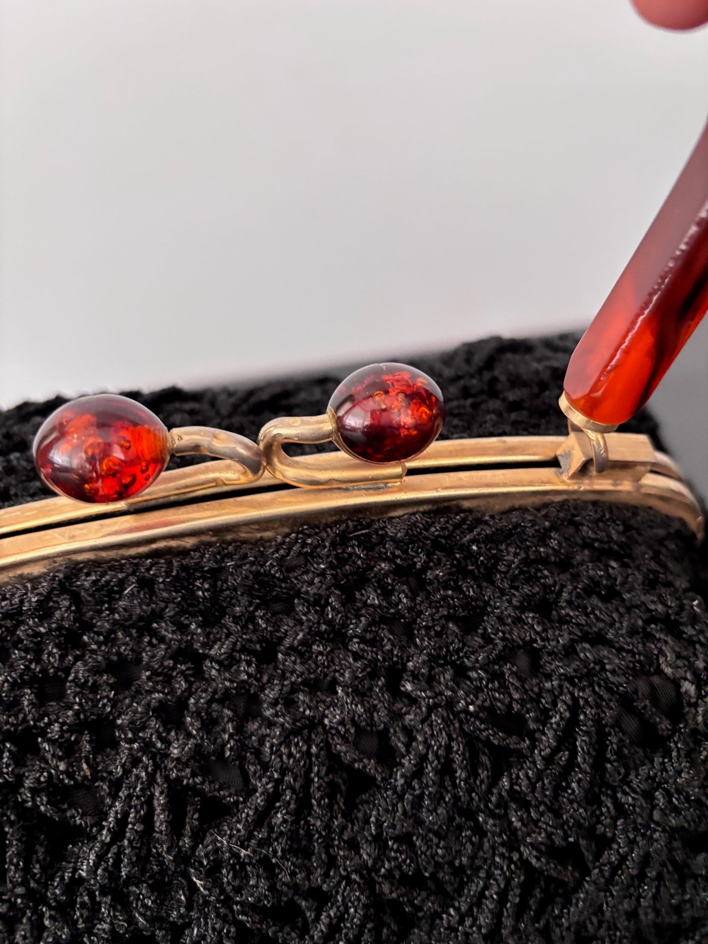 1950s Black Crocheted Handbag with Marbled Lucite Handle