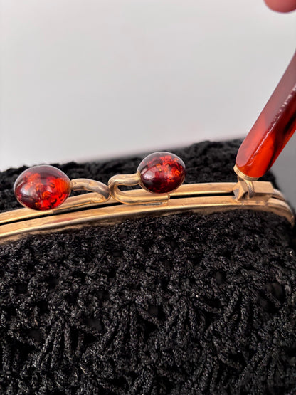 1950s Black Crocheted Handbag with Marbled Lucite Handle