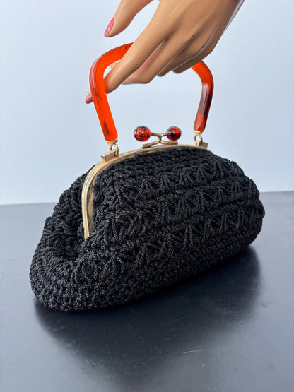 1950s Black Crocheted Handbag with Marbled Lucite Handle