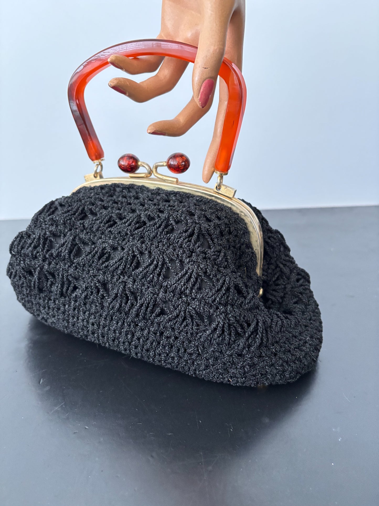 1950s Black Crocheted Handbag with Marbled Lucite Handle