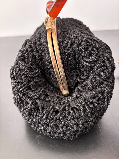 1950s Black Crocheted Handbag with Marbled Lucite Handle