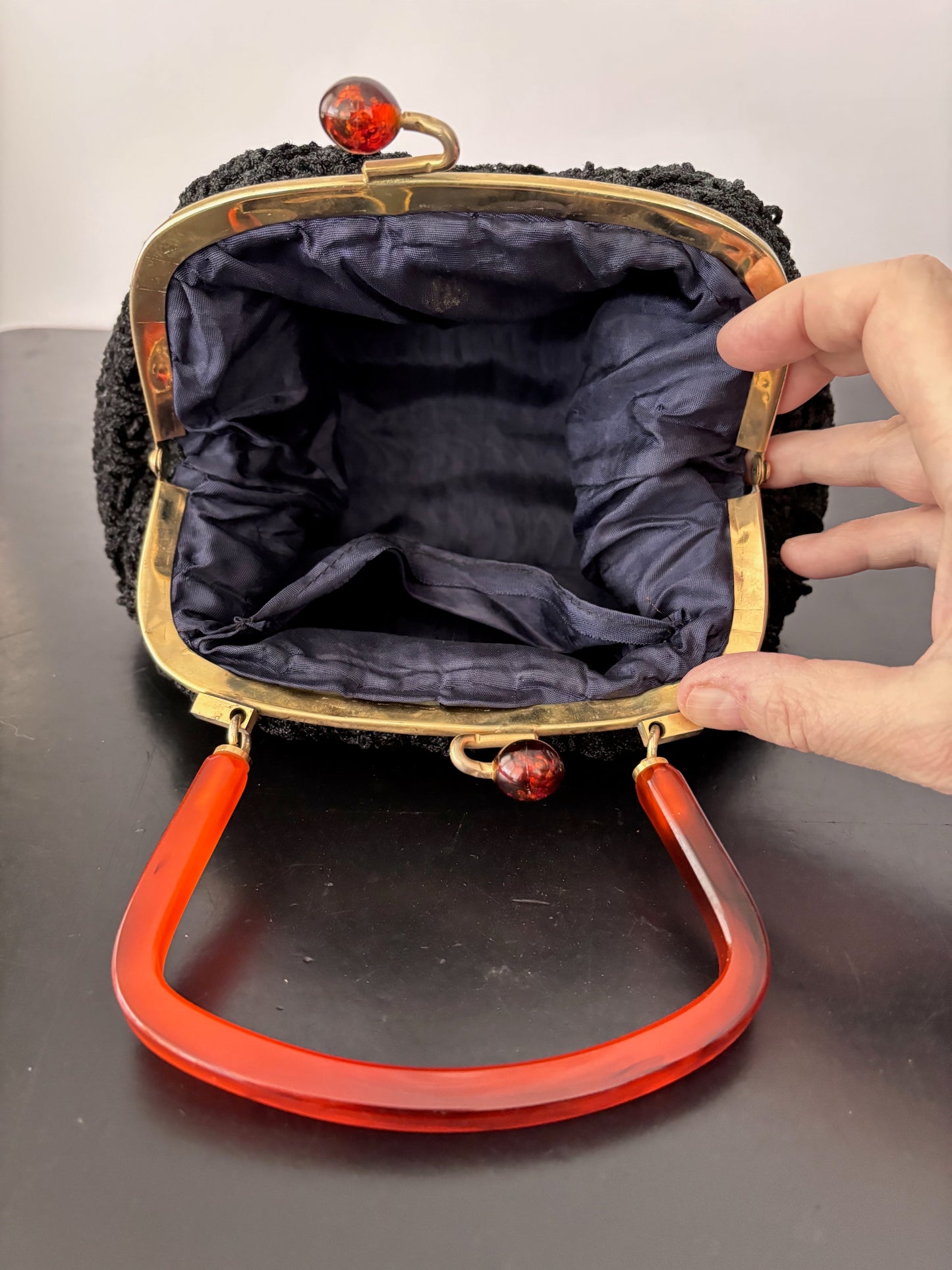 1950s Black Crocheted Handbag with Marbled Lucite Handle