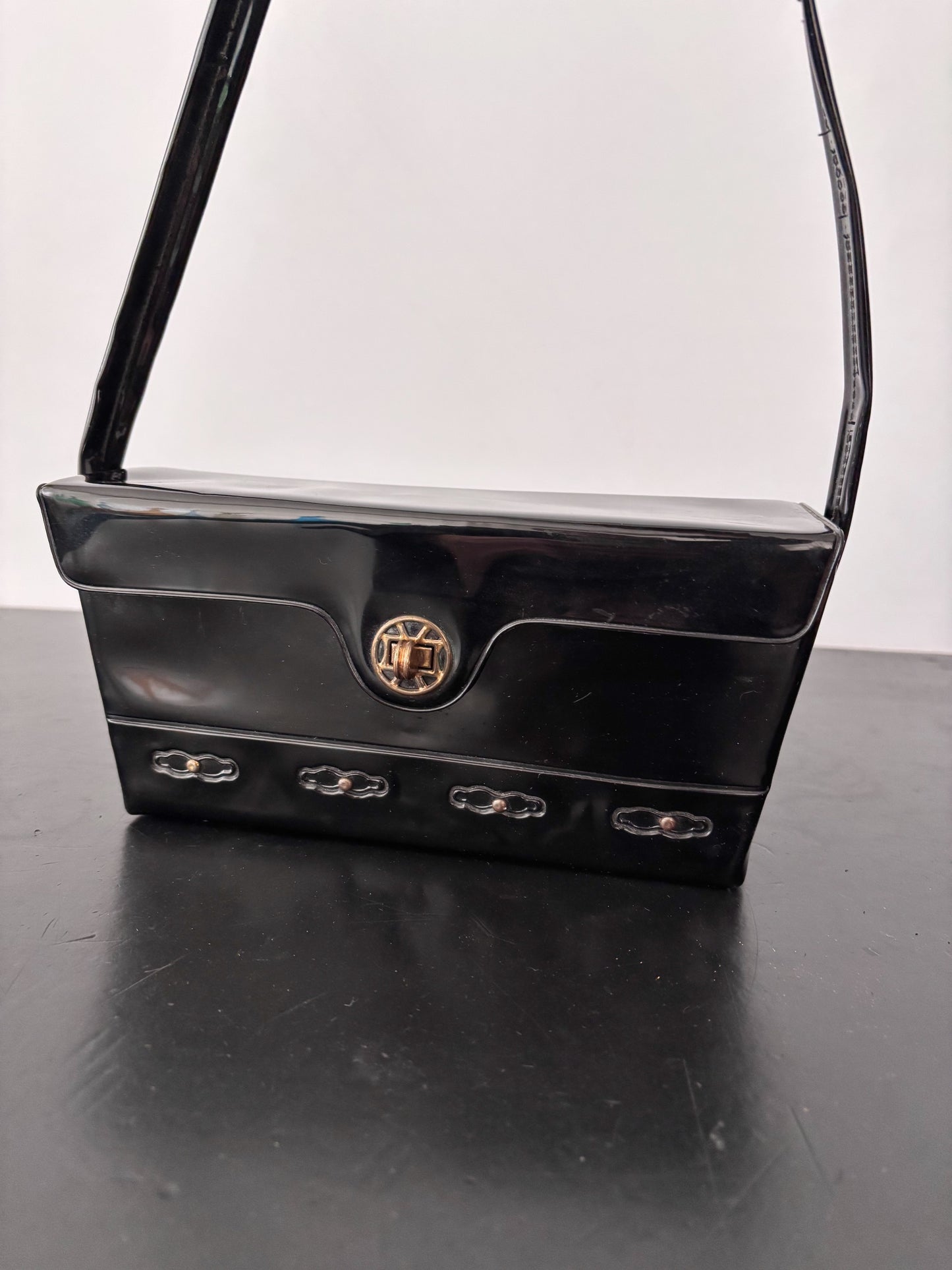 1960s Black Patent Box Handbag with Adjustable Handle