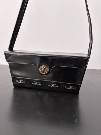 1960s Black Patent Box Handbag with Adjustable Handle