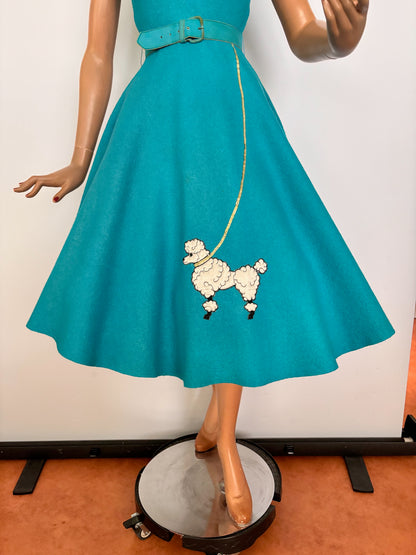 XXS/XS | 1950s Aqua Wool Felt Poodle Dress