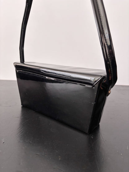 1960s Black Patent Box Handbag with Adjustable Handle