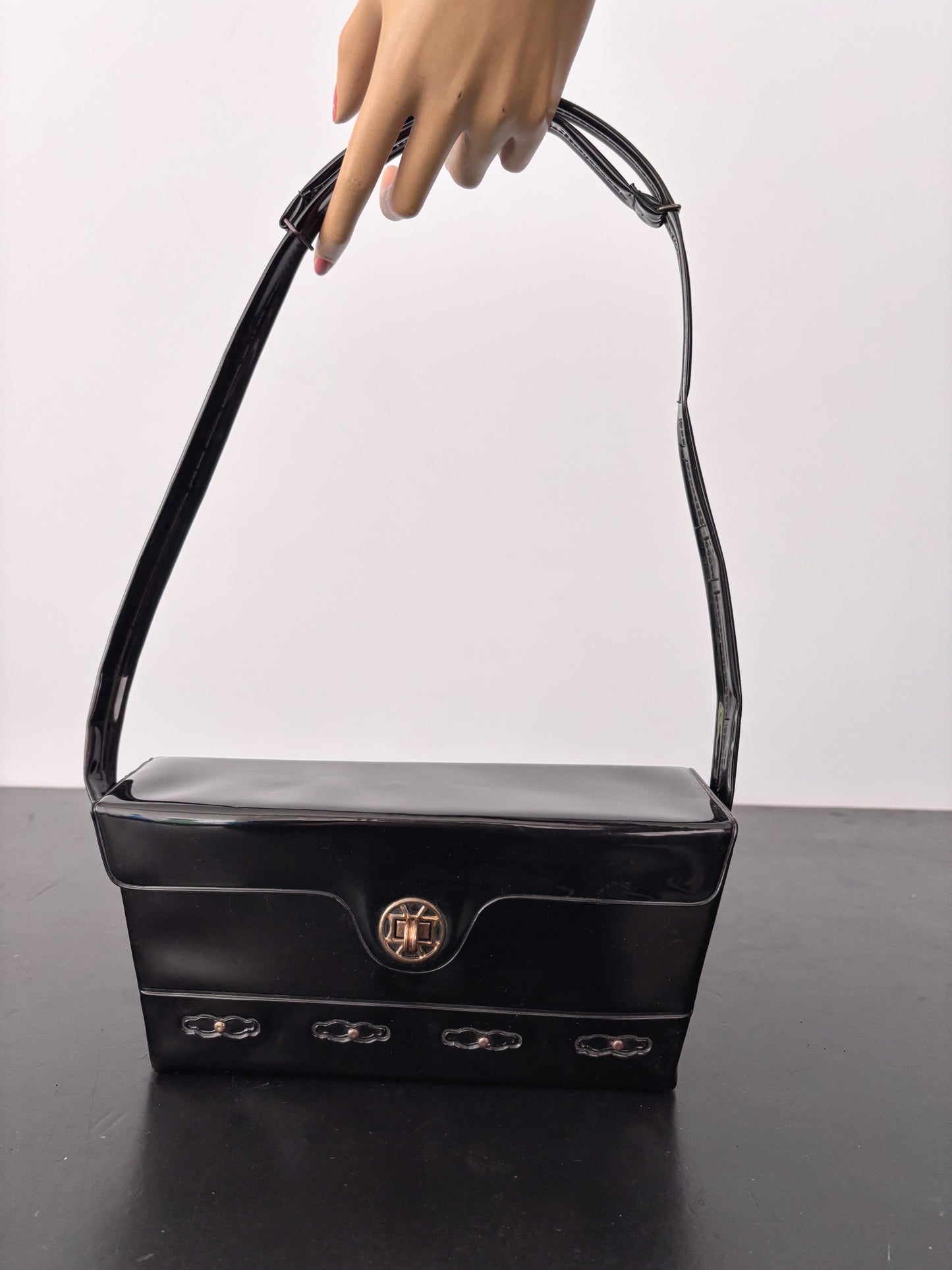 1960s Black Patent Box Handbag with Adjustable Handle