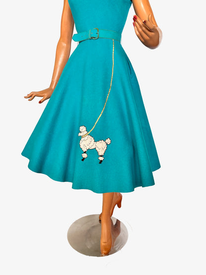 XXS/XS | 1950s Aqua Wool Felt Poodle Dress