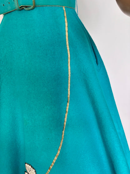 XXS/XS | 1950s Aqua Wool Felt Poodle Dress