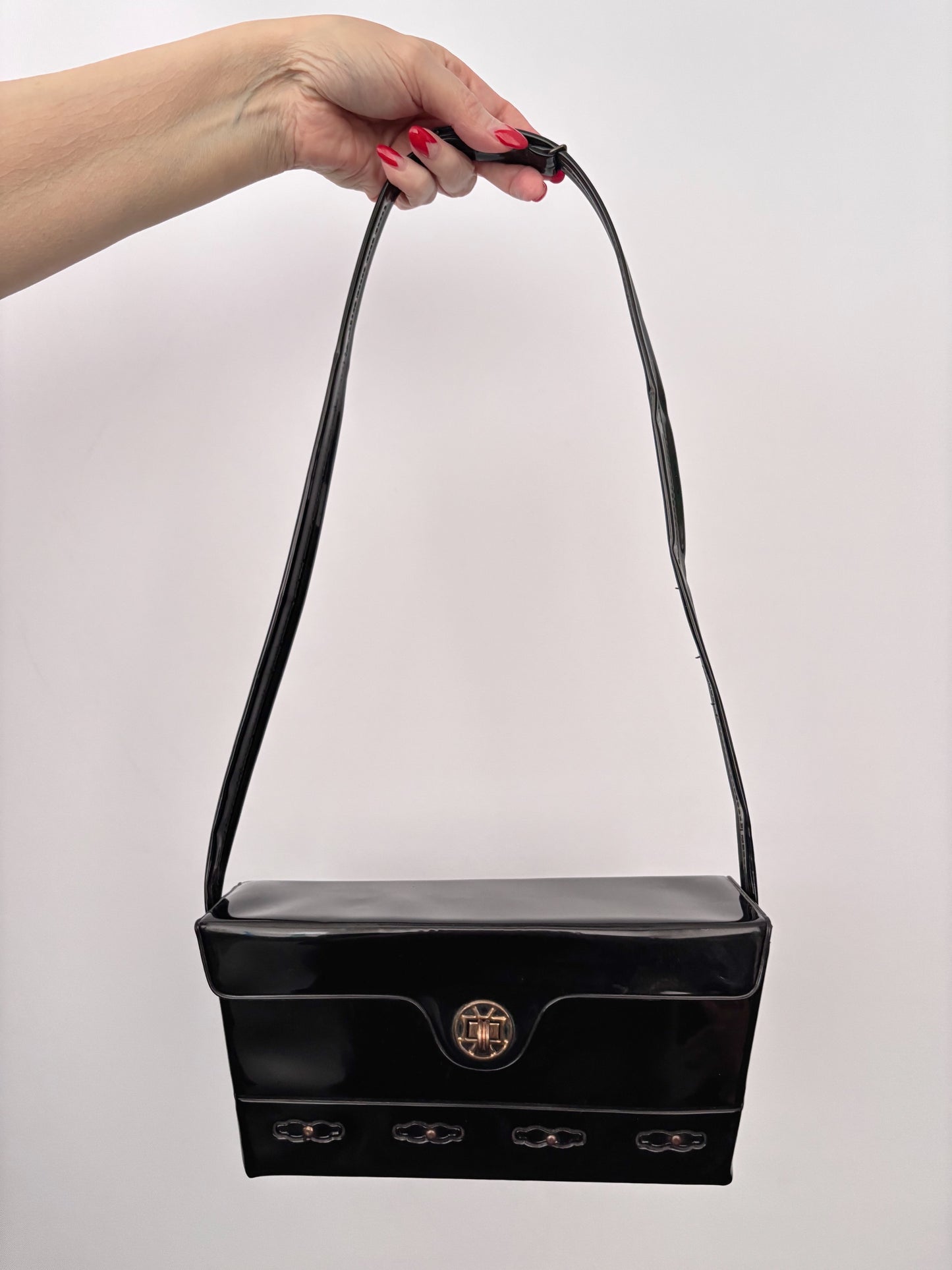 1960s Black Patent Box Handbag with Adjustable Handle