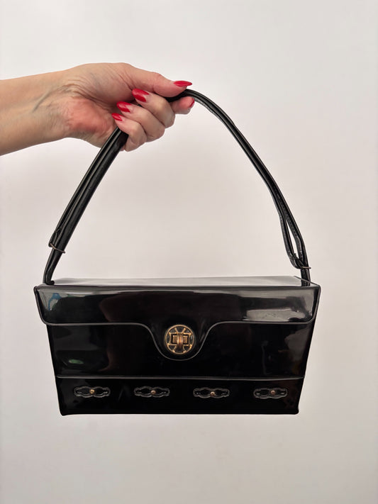 1960s Black Patent Box Handbag with Adjustable Handle