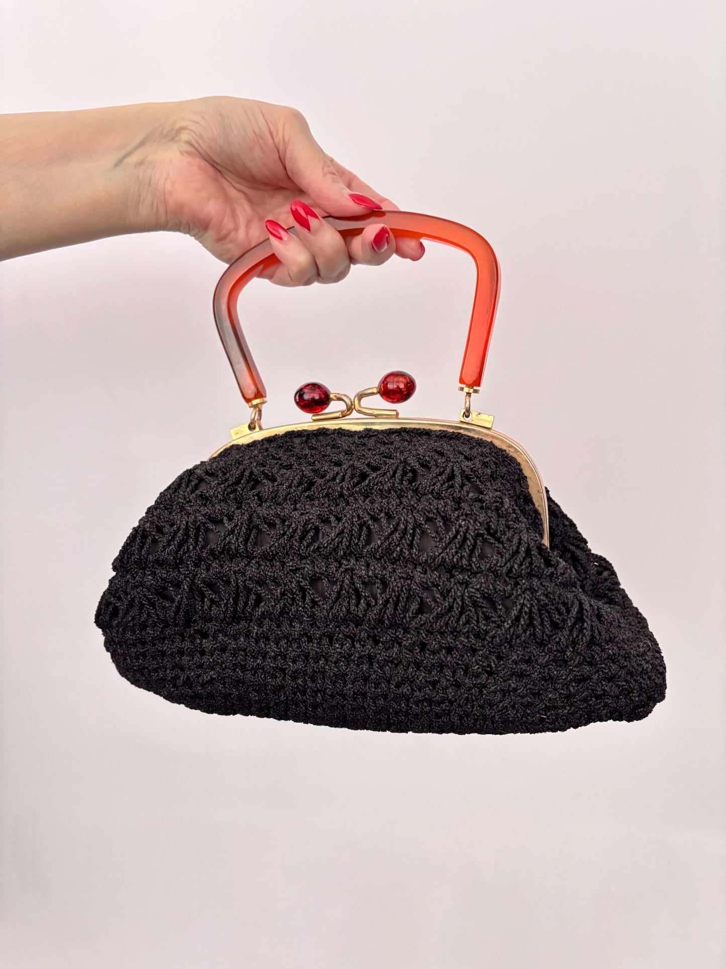 1950s Black Crocheted Handbag with Marbled Lucite Handle