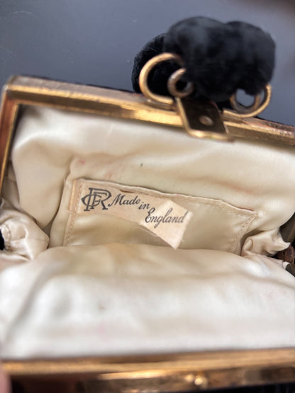 1950s/1960s Black Velvet Beaded Wristlet Bag | TPR Made In England