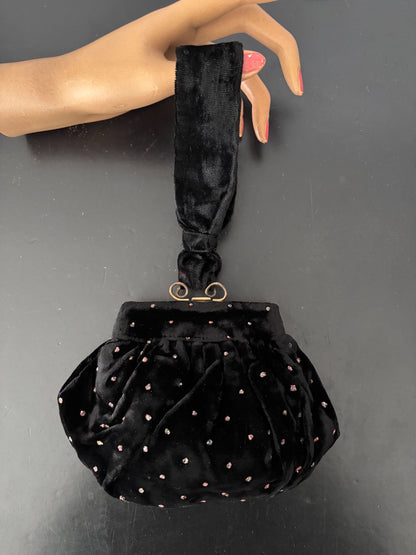 1950s/1960s Black Velvet Beaded Wristlet Bag | TPR Made In England