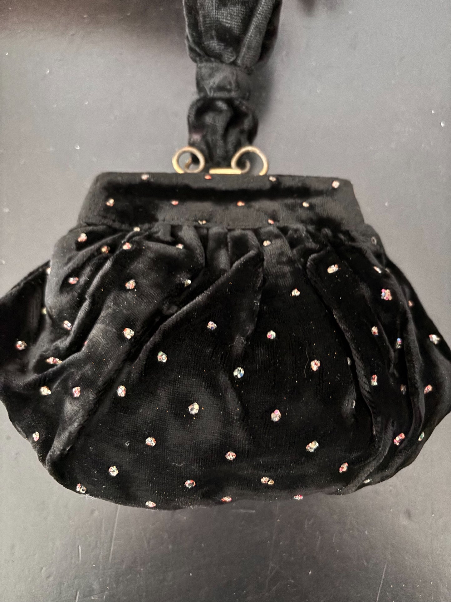 1950s/1960s Black Velvet Beaded Wristlet Bag | TPR Made In England