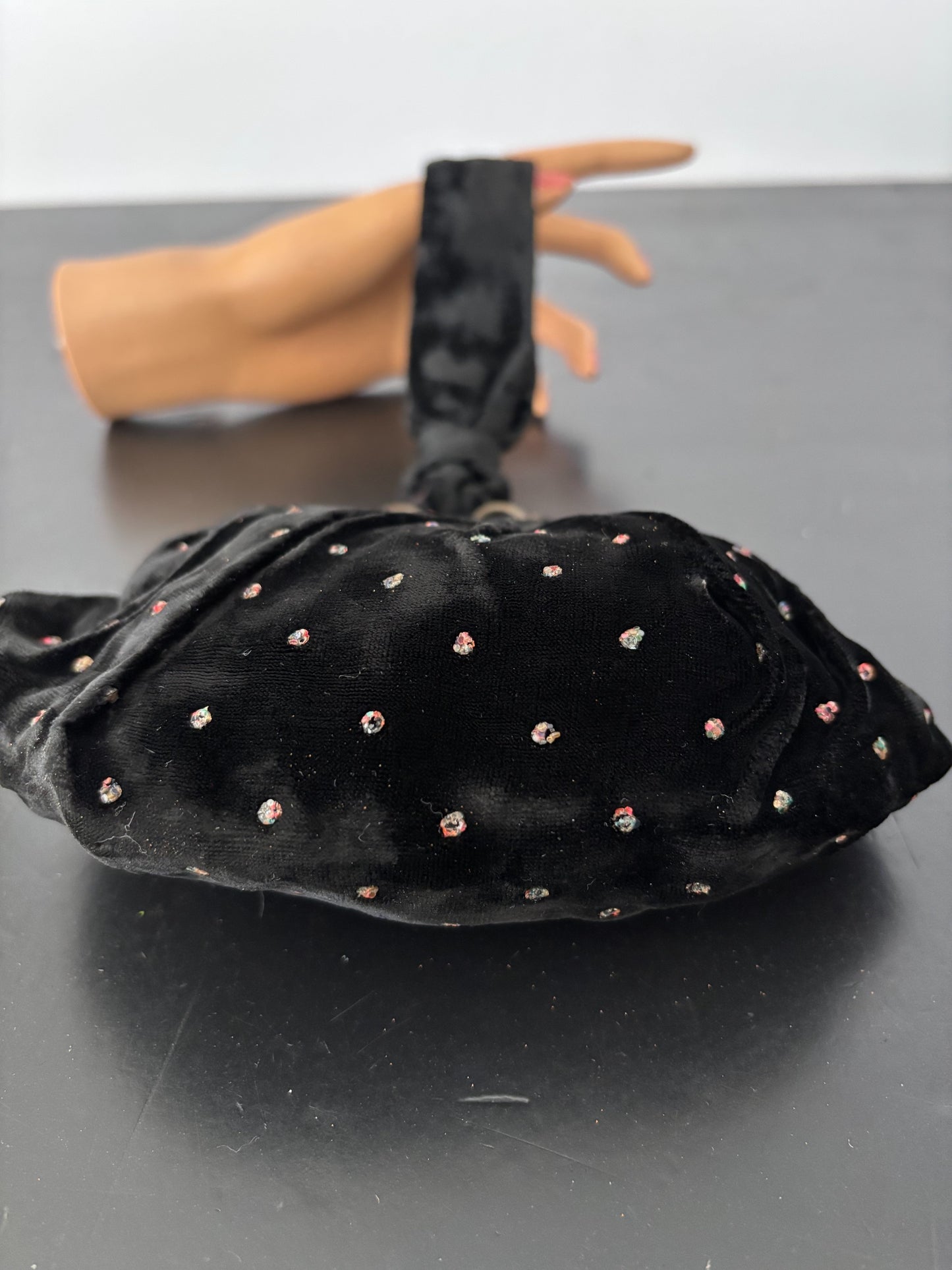 1950s/1960s Black Velvet Beaded Wristlet Bag | TPR Made In England
