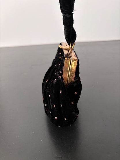 1950s/1960s Black Velvet Beaded Wristlet Bag | TPR Made In England