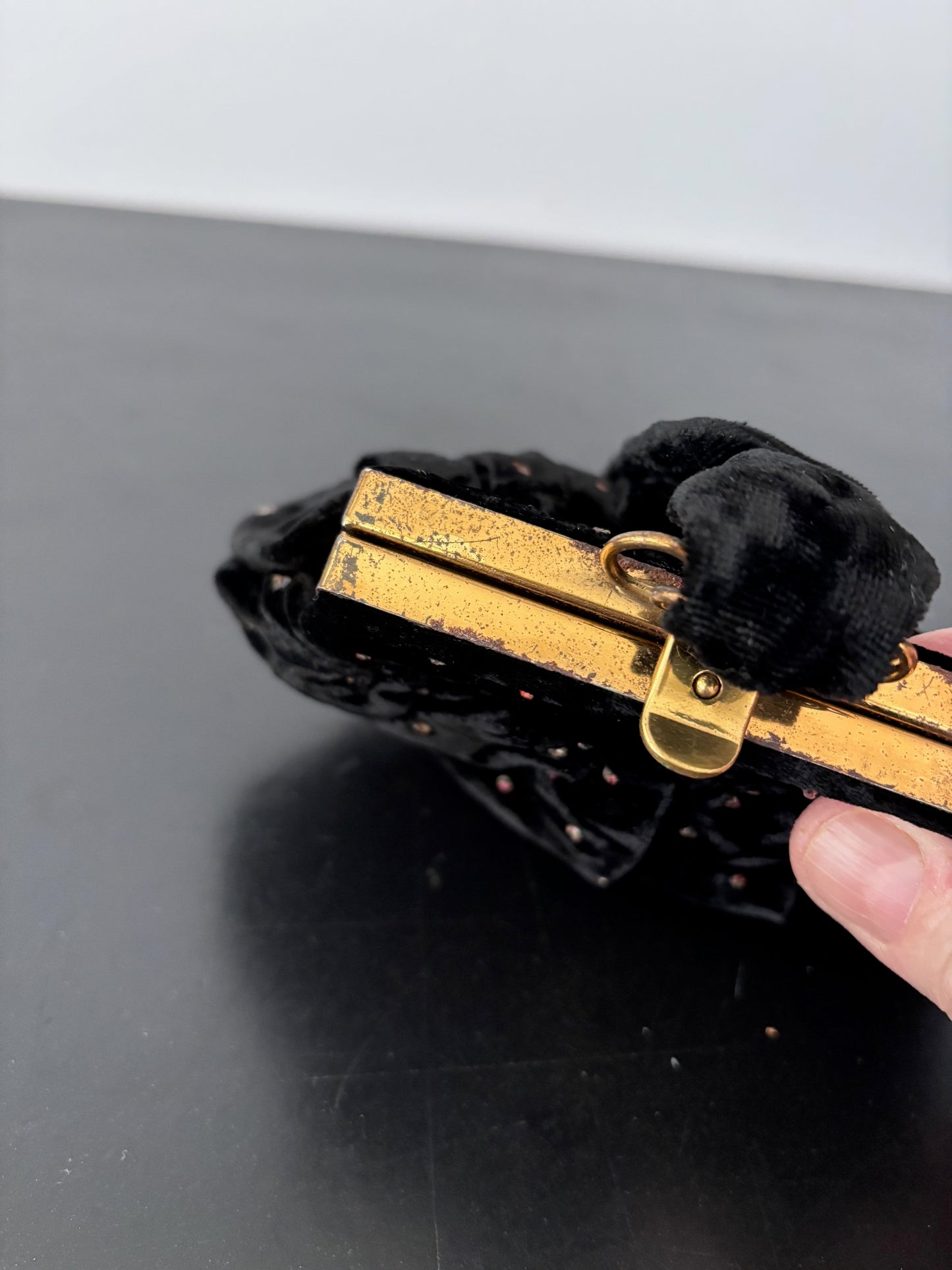 1950s/1960s Black Velvet Beaded Wristlet Bag | TPR Made In England