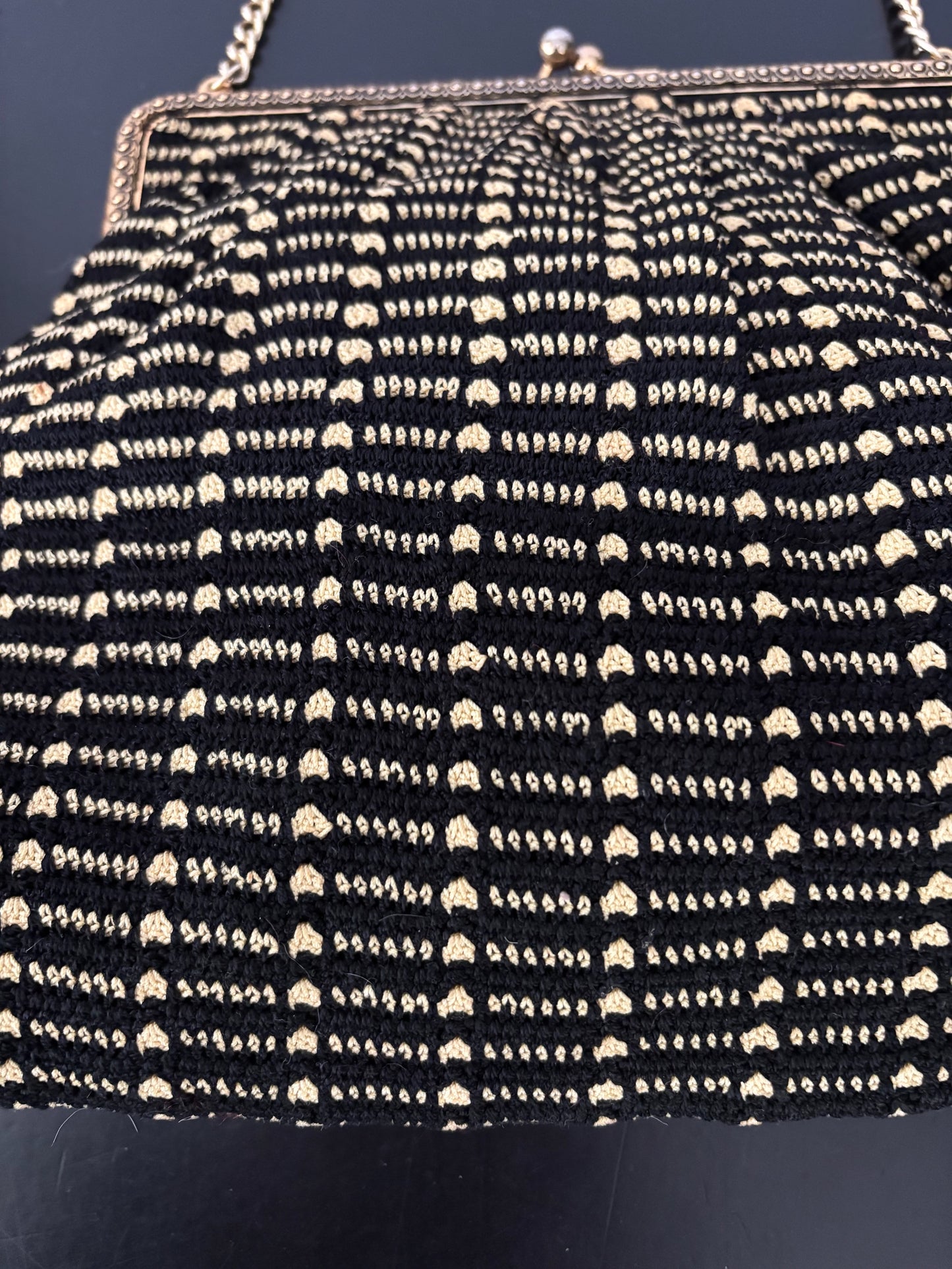 1950s Black And Yellow Wool Evening Bag With Chain Strap