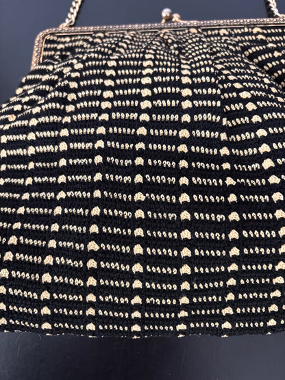 1950s Black And Yellow Wool Evening Bag With Chain Strap