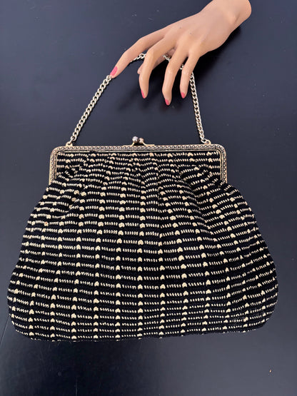 1950s Black And Yellow Wool Evening Bag With Chain Strap