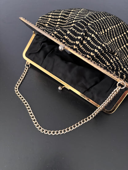 1950s Black And Yellow Wool Evening Bag With Chain Strap