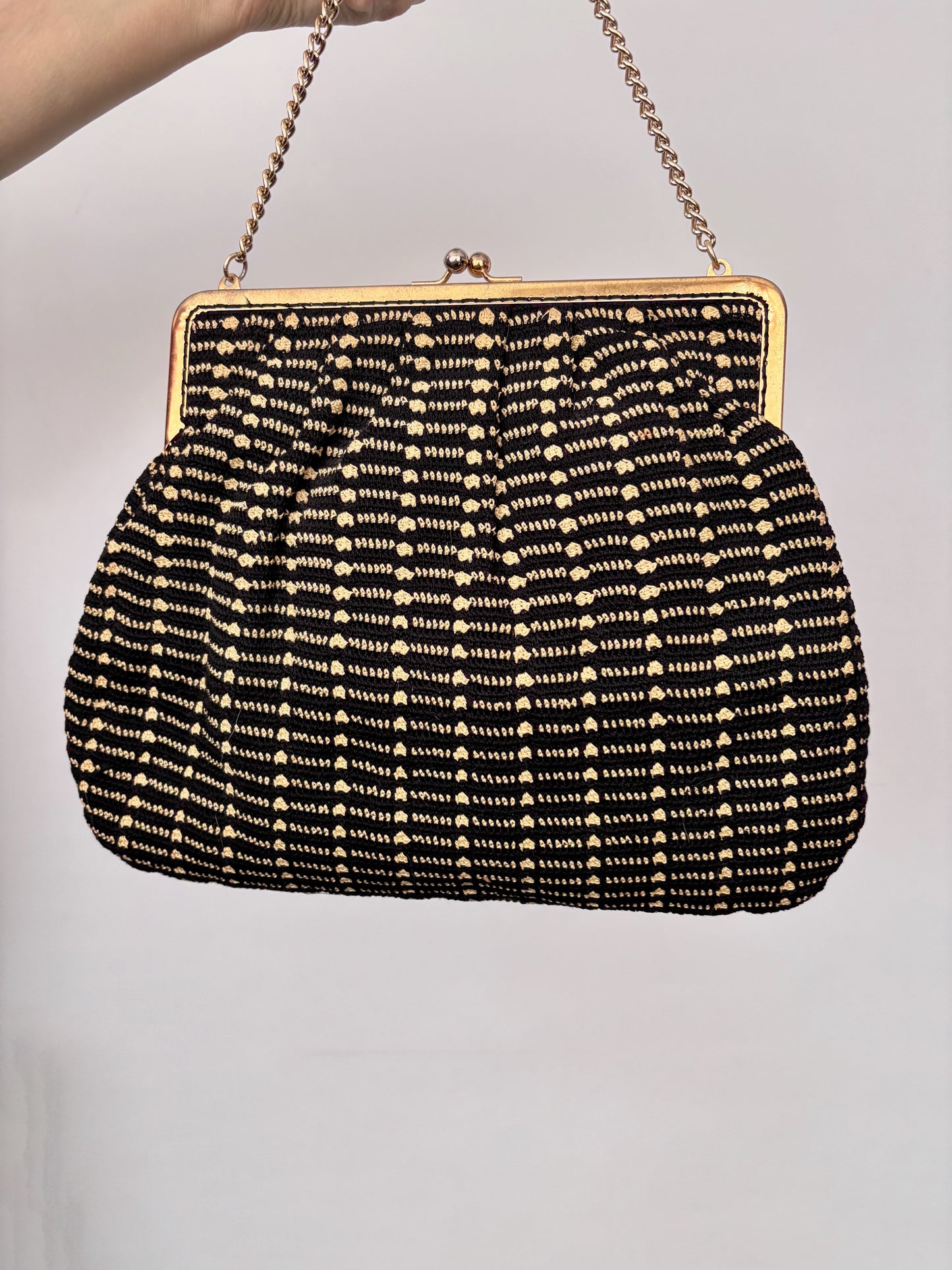 1950s Black And Yellow Wool Evening Bag With Chain Strap
