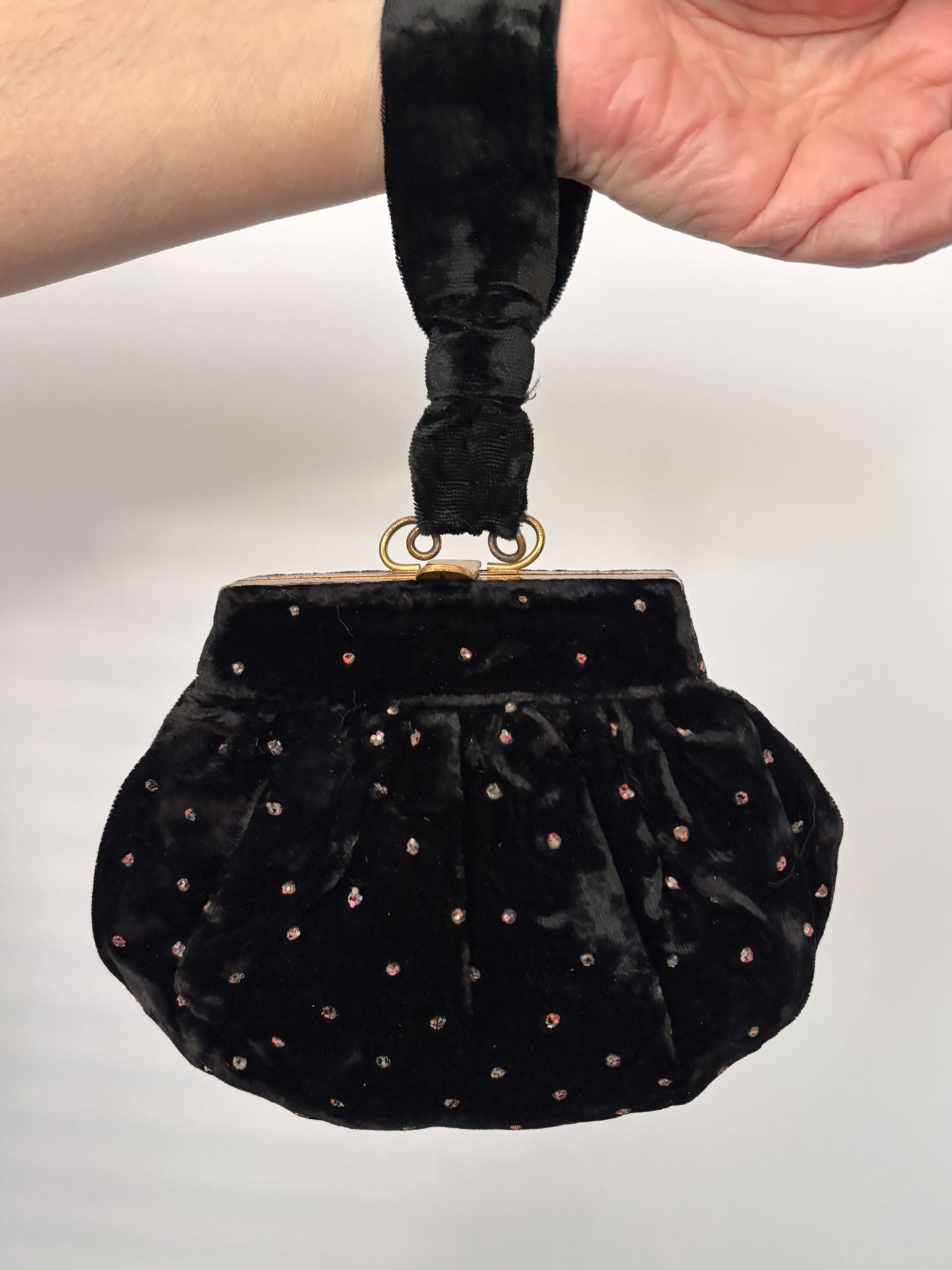 1950s/1960s Black Velvet Beaded Wristlet Bag | TPR Made In England