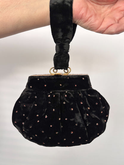 1950s/1960s Black Velvet Beaded Wristlet Bag | TPR Made In England