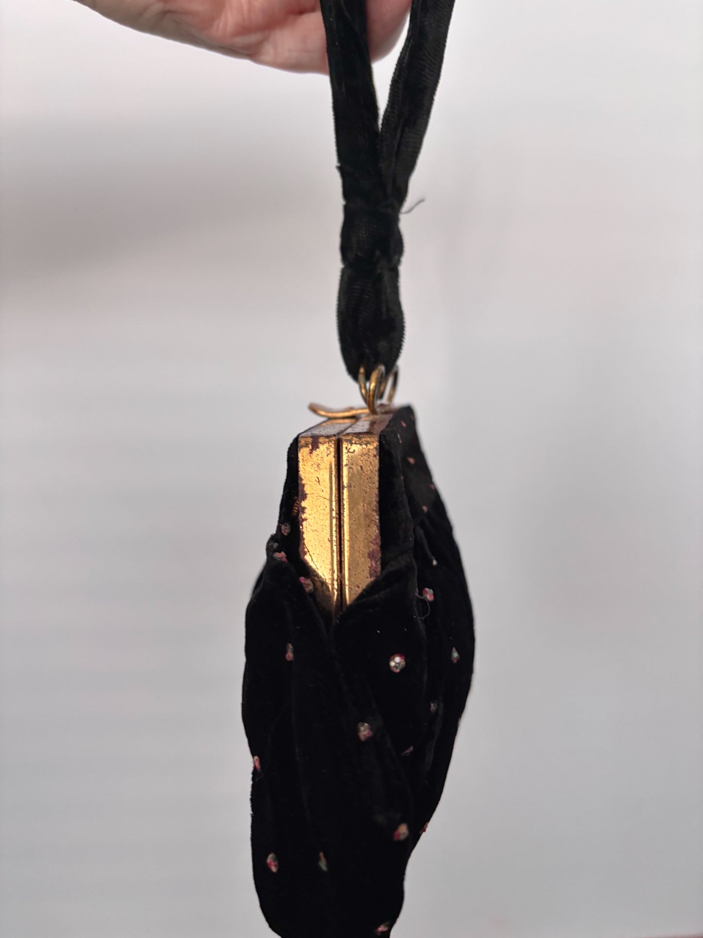 1950s/1960s Black Velvet Beaded Wristlet Bag | TPR Made In England