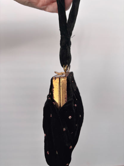 1950s/1960s Black Velvet Beaded Wristlet Bag | TPR Made In England