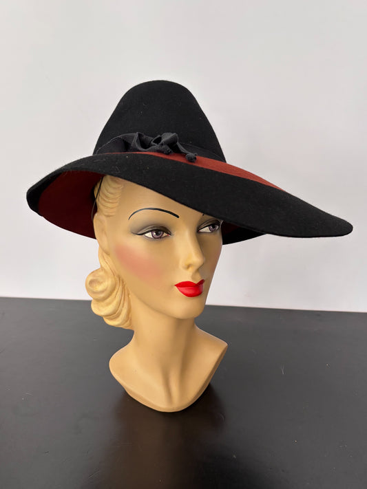 1940s Black and Brown Wide Brim Wool Felt Hat