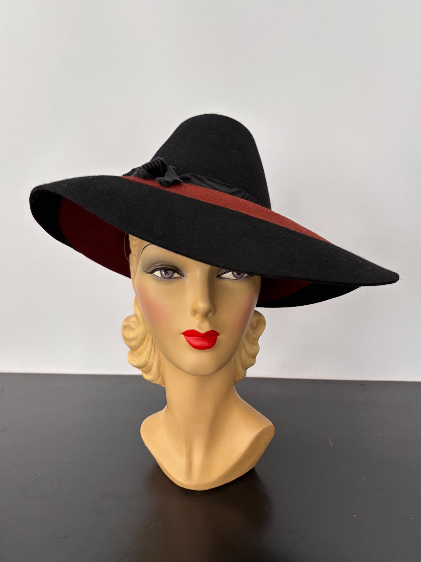 1940s Black and Brown Wide Brim Wool Felt Hat