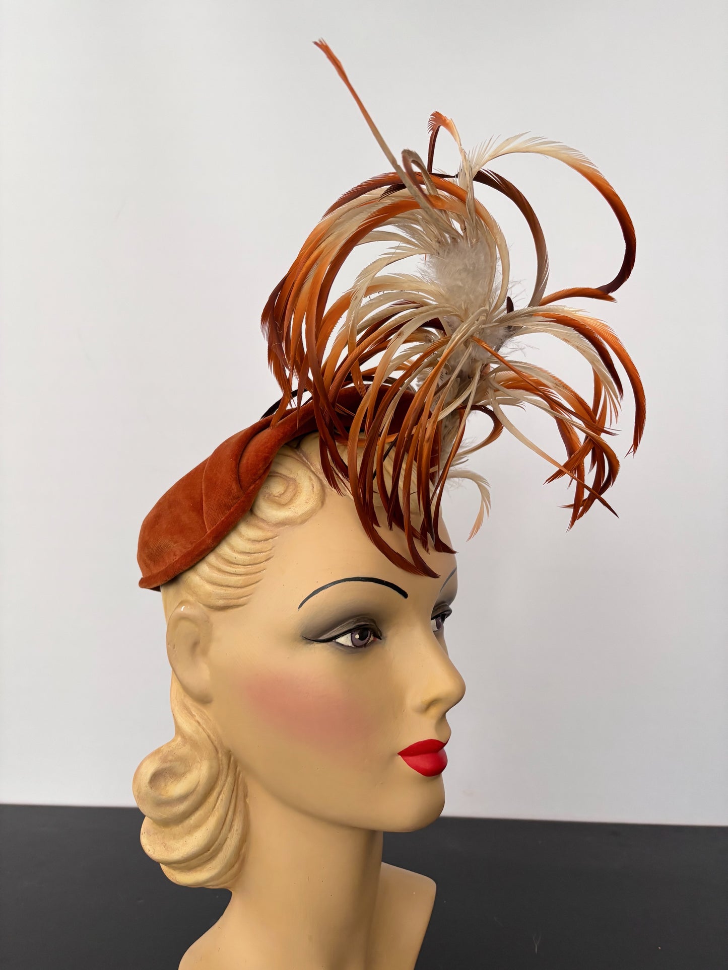 1940s Betmar Rust Velvet Cocktail Hat With Feather Trim