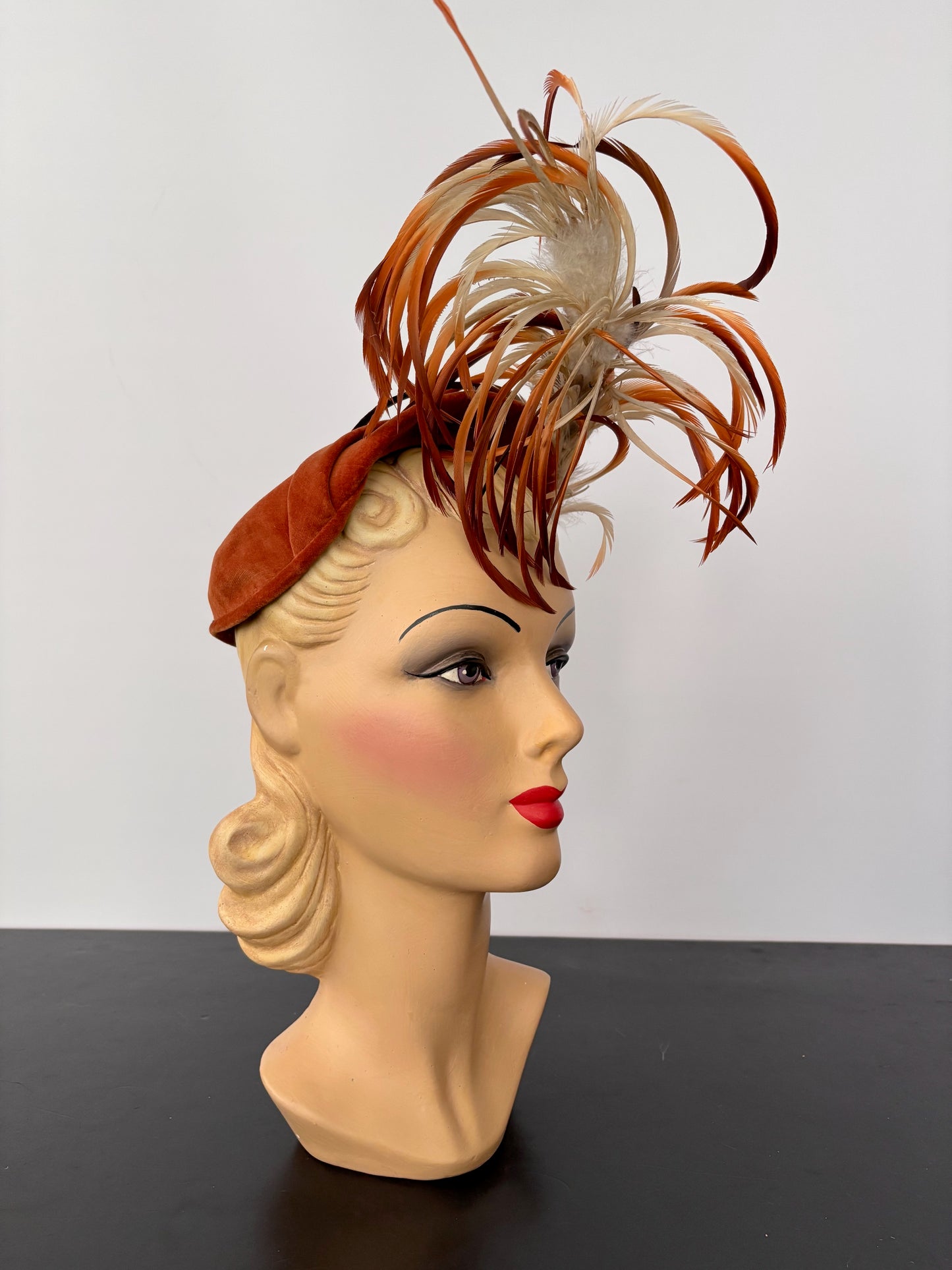 1940s Betmar Rust Velvet Cocktail Hat With Feather Trim