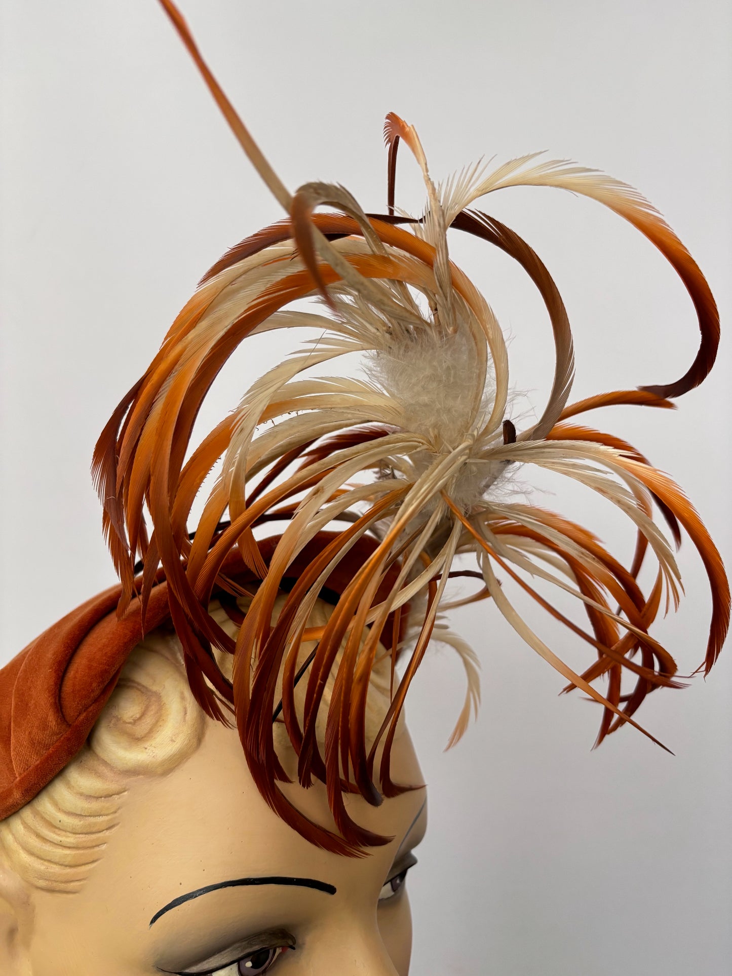 1940s Betmar Rust Velvet Cocktail Hat With Feather Trim