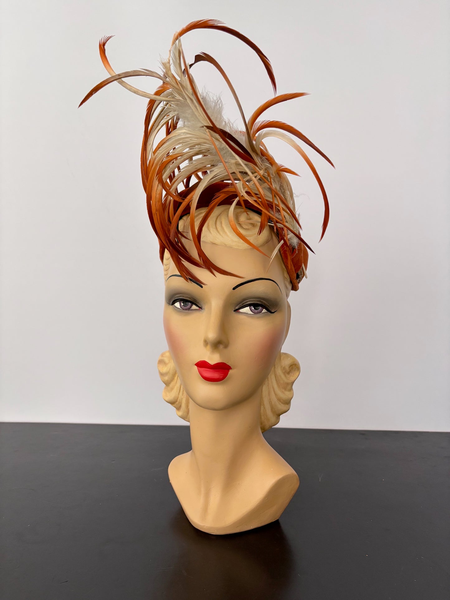 1940s Betmar Rust Velvet Cocktail Hat With Feather Trim