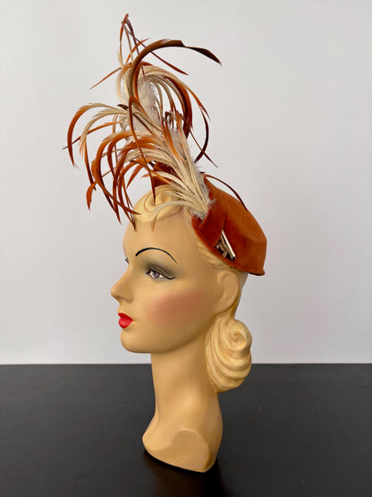 1940s Betmar Rust Velvet Cocktail Hat With Feather Trim