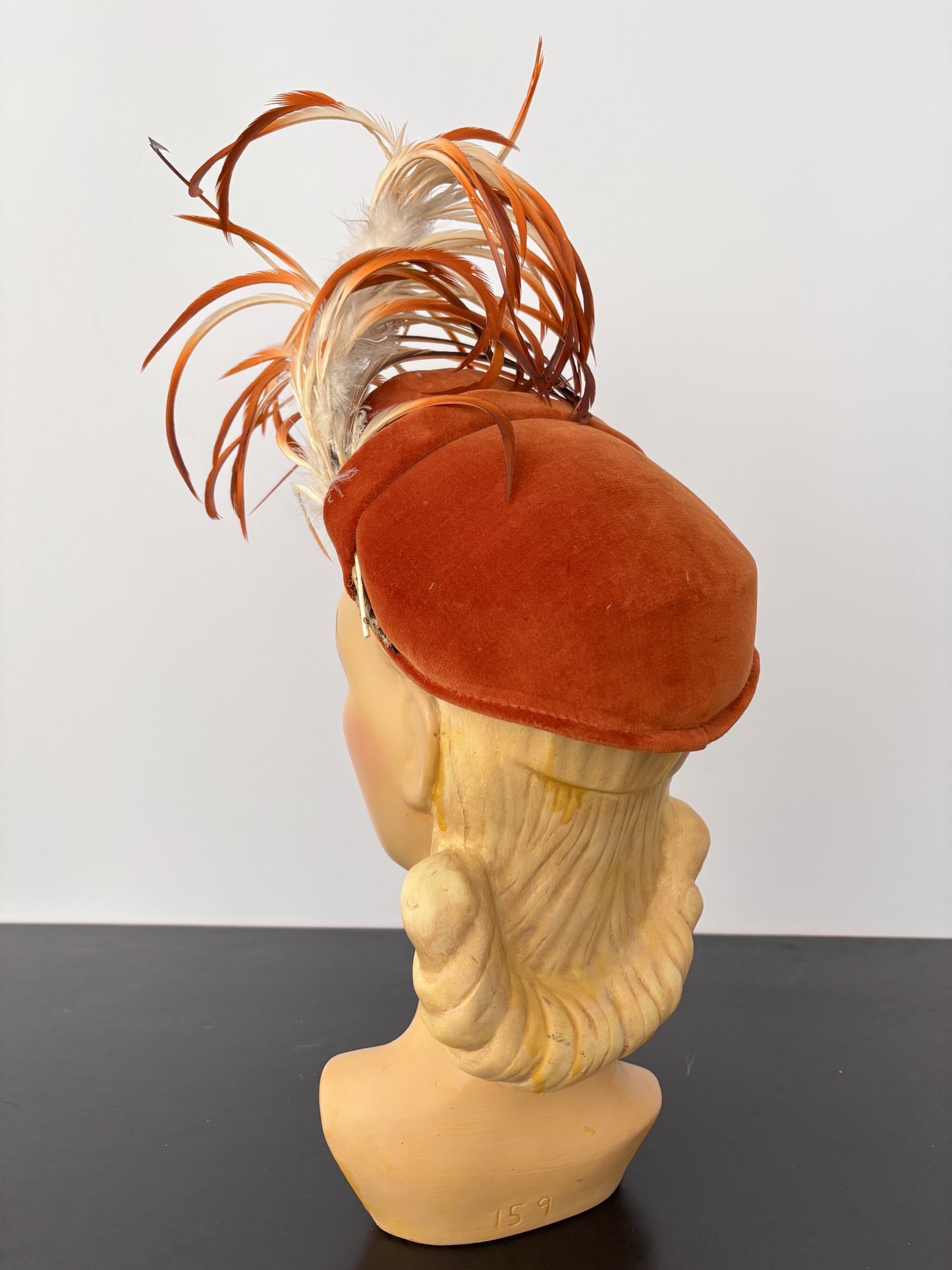 1940s Betmar Rust Velvet Cocktail Hat With Feather Trim