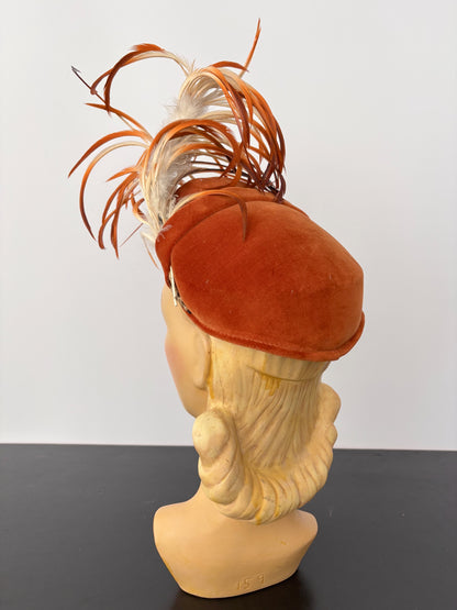 1940s Betmar Rust Velvet Cocktail Hat With Feather Trim