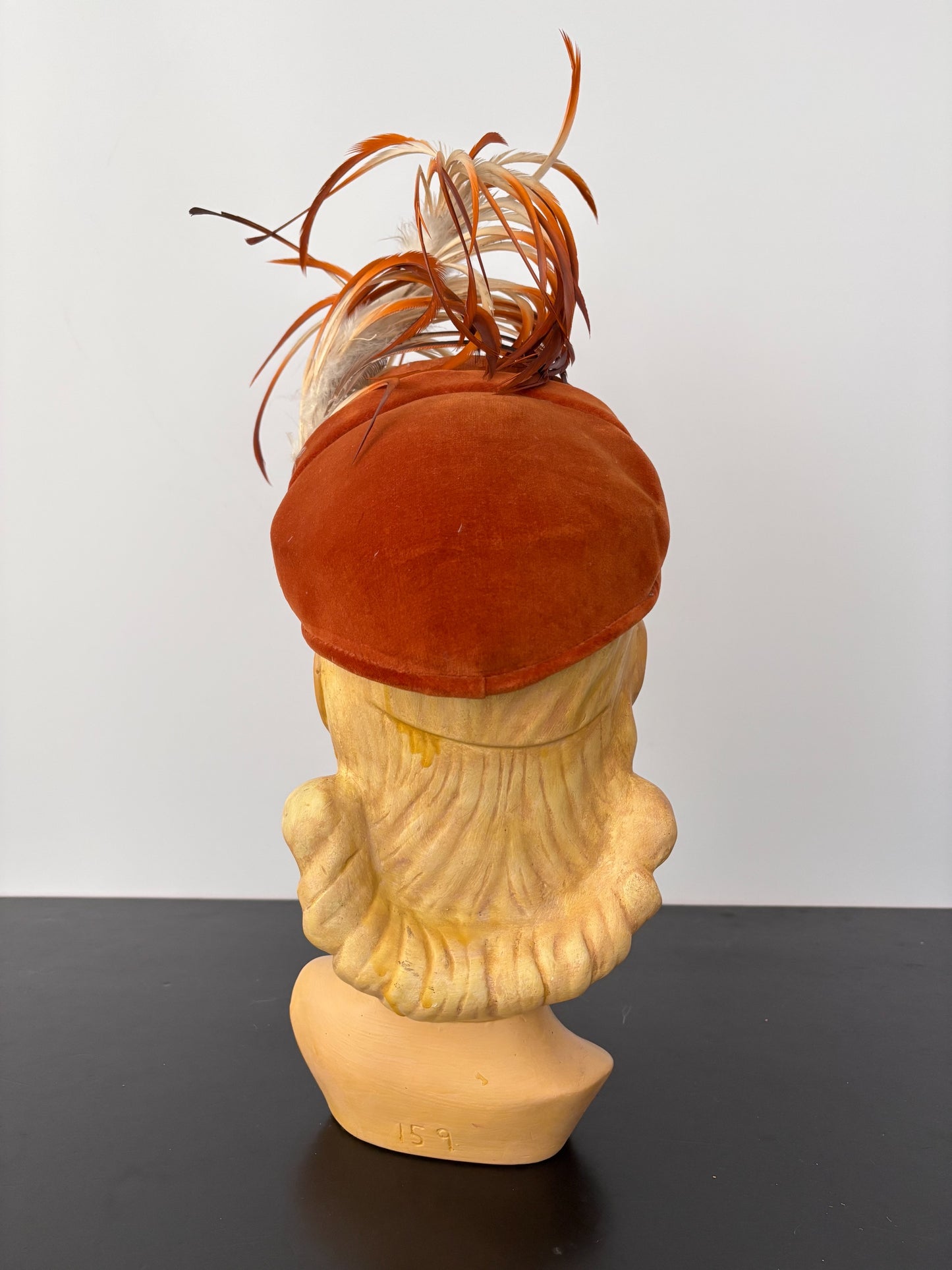 1940s Betmar Rust Velvet Cocktail Hat With Feather Trim