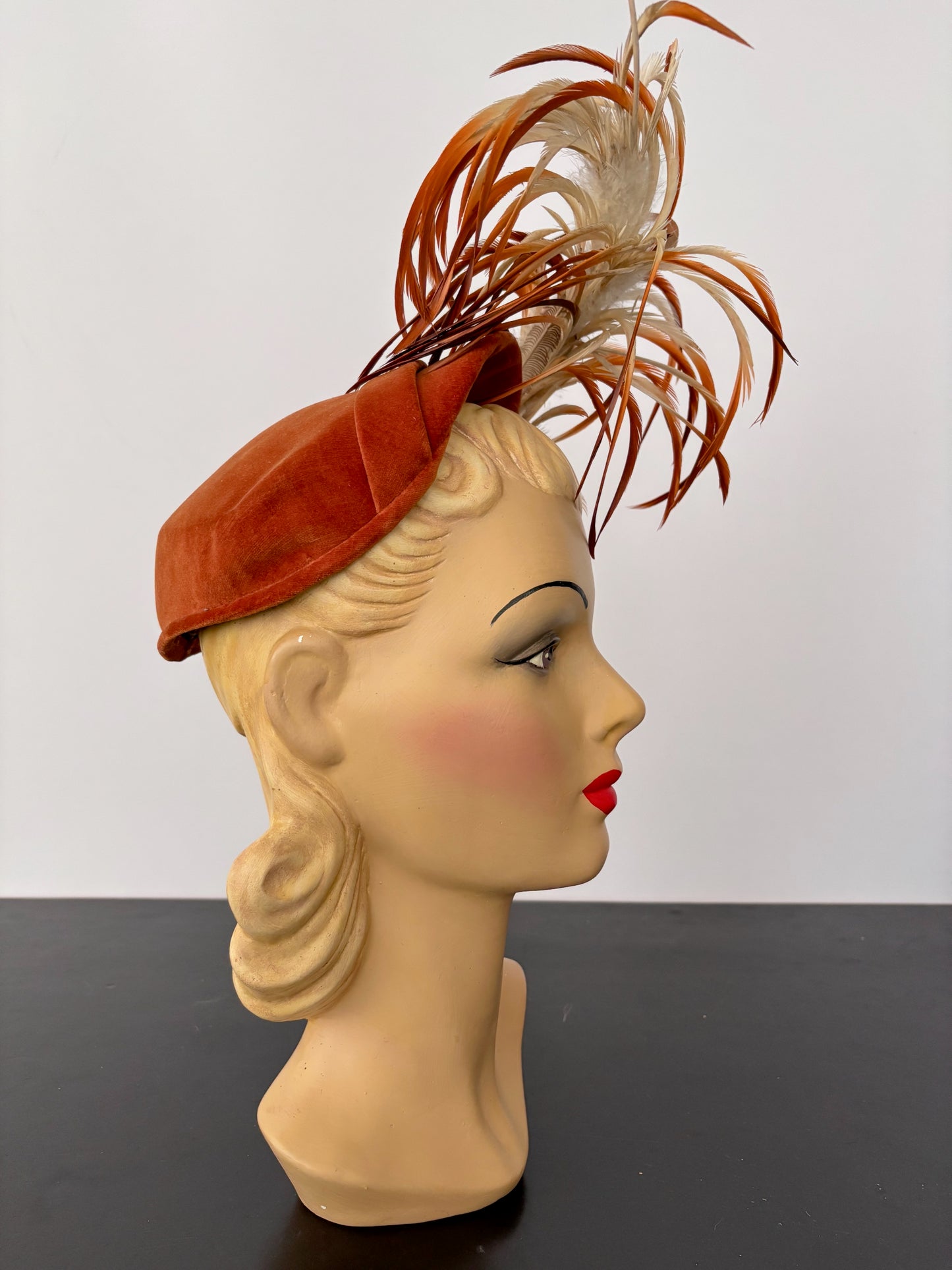 1940s Betmar Rust Velvet Cocktail Hat With Feather Trim