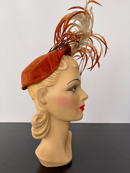 1940s Betmar Rust Velvet Cocktail Hat With Feather Trim
