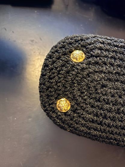 1950s Black Crocheted Handbag with Marbled Lucite Handle